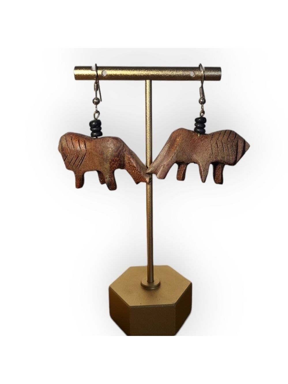 Vintage Handcarved Wooden Lion Earrings